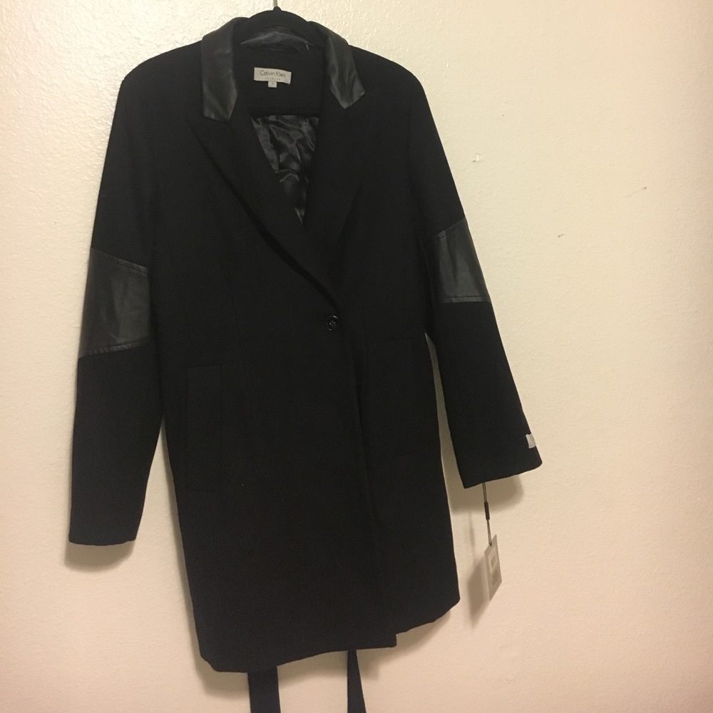 Calvin Klein black wool and leather pea coat 14