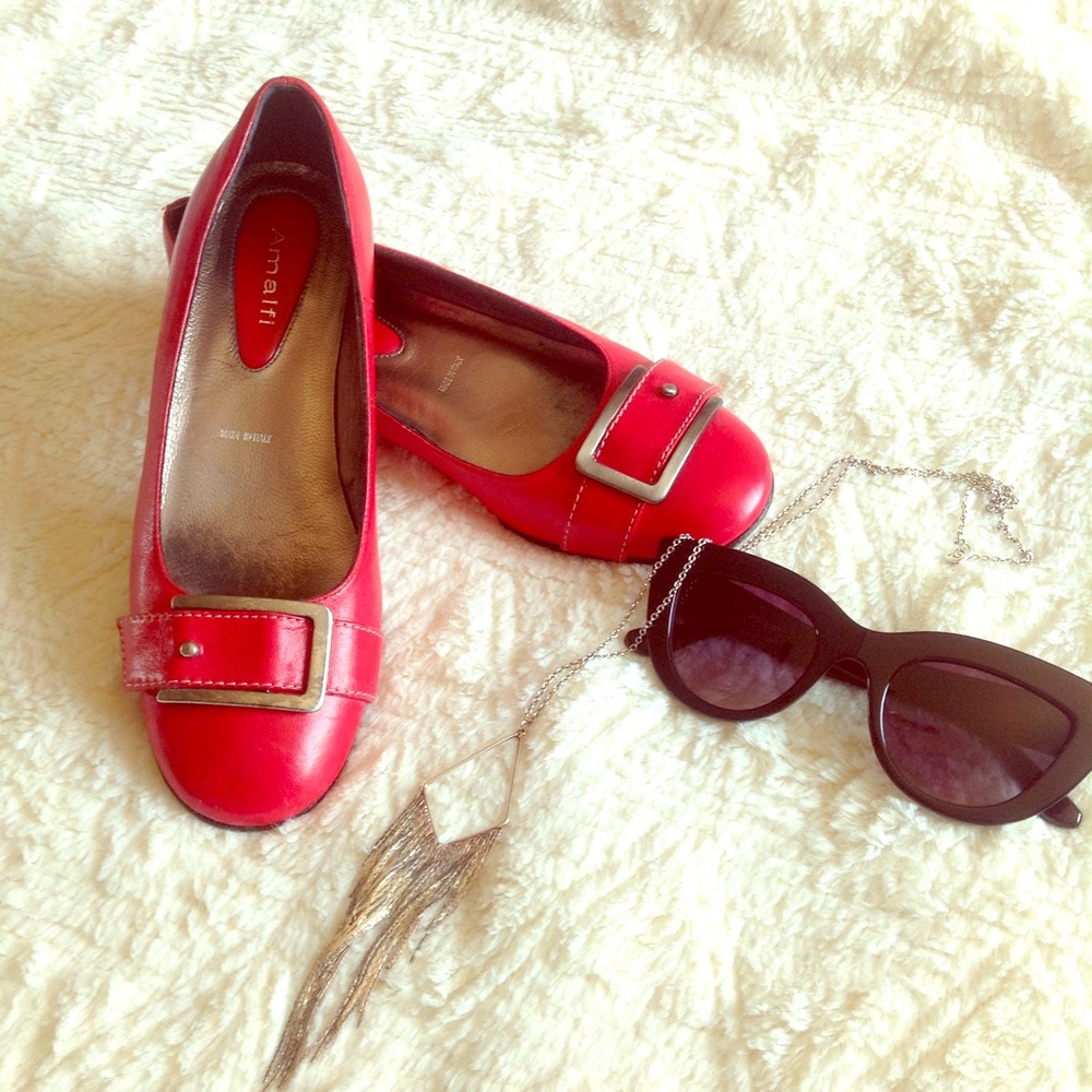 Cherry red real Italian leather kitten heel flats