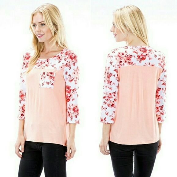 NWT* Peach Floral Print 3/4 Sleeve Top* - Picture 2 of 2