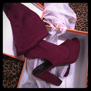 Wine knee high heels