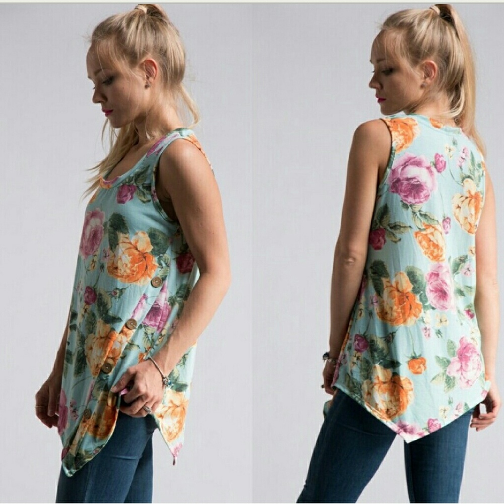 Boutique Asymmetrical Floral Sleeveless Top - Picture 2 of 5