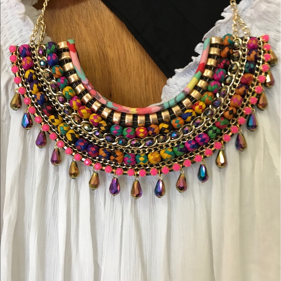 Mexican Handmade Bib Necklace Palm Leaf & Crystal - Picture 3 of 4