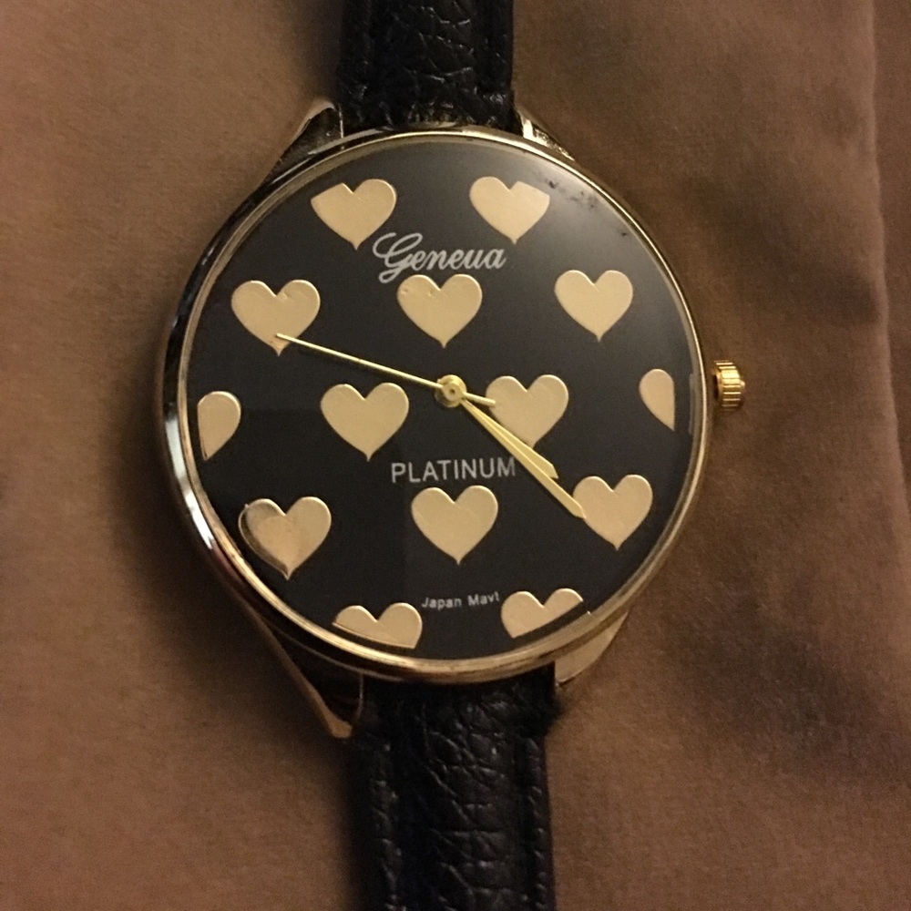 Geneva platinum black with gold hearts watch