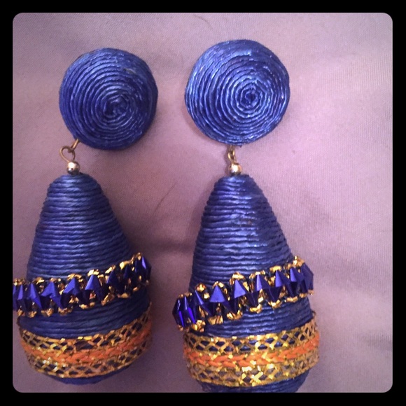 BLUE TEARDROP MATERIAL EARRINGS - Picture 1 of 1