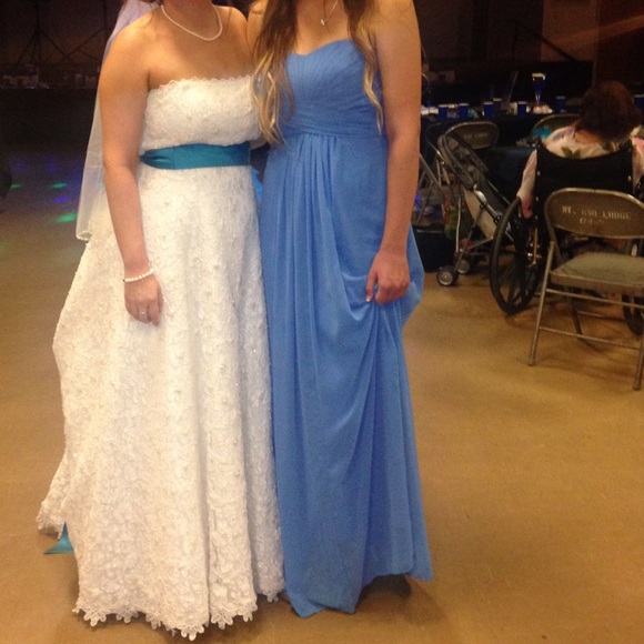 DAVIDS BRIDAL CORNFLOWER COLORED STRAPLESS DRESS - Picture 2 of 3
