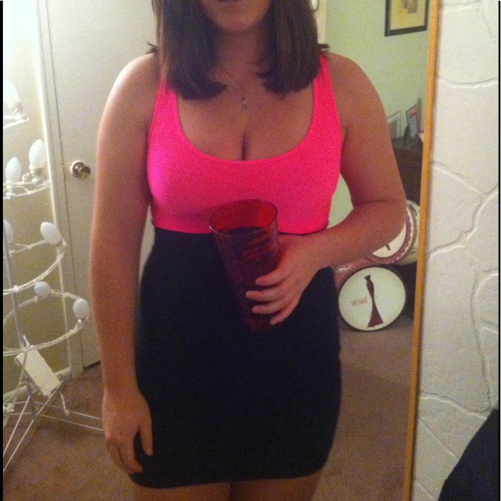 Pink/Black dress. Shown in pictures (I am 5'7, L)
