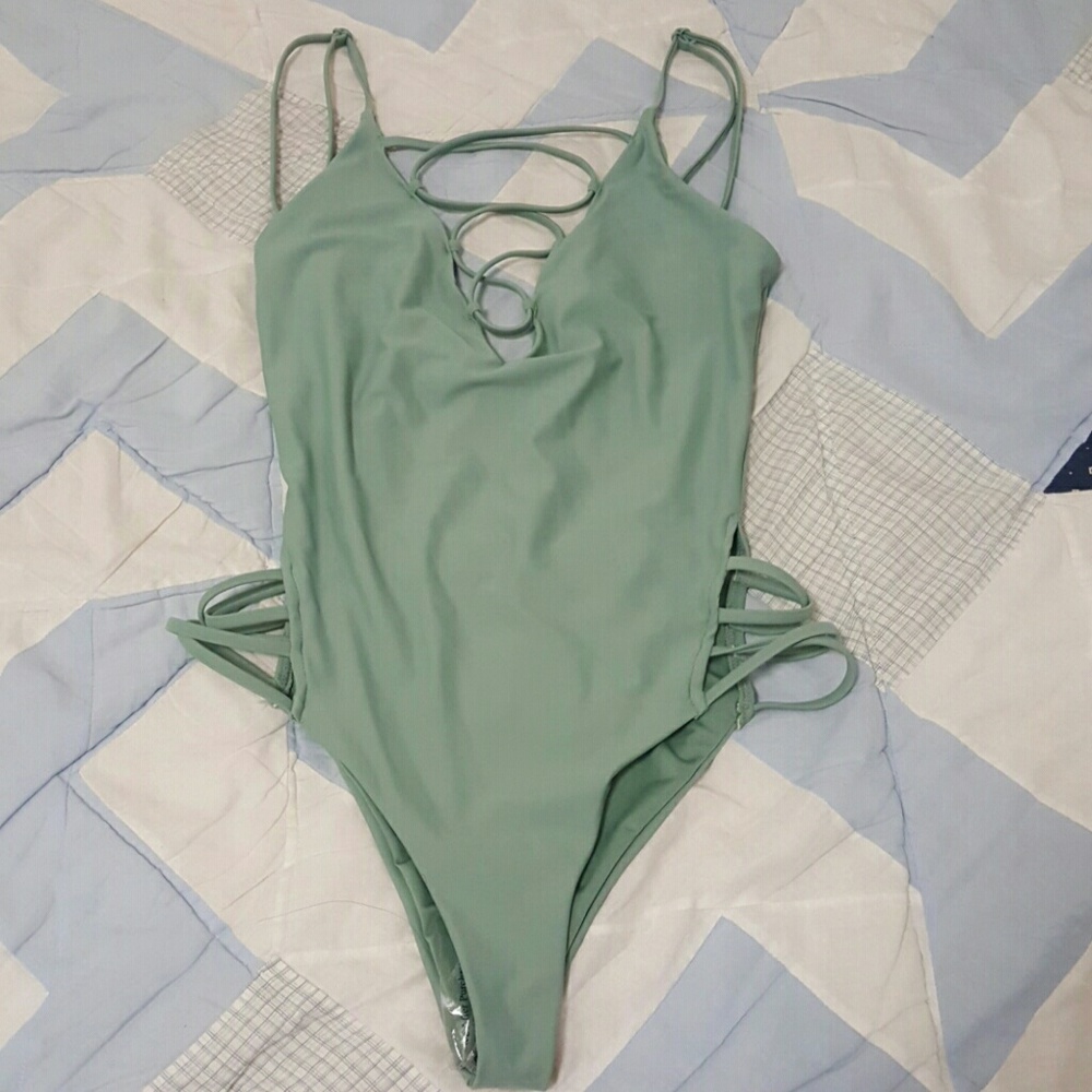 Tobi Too Good lace up monokini in olive