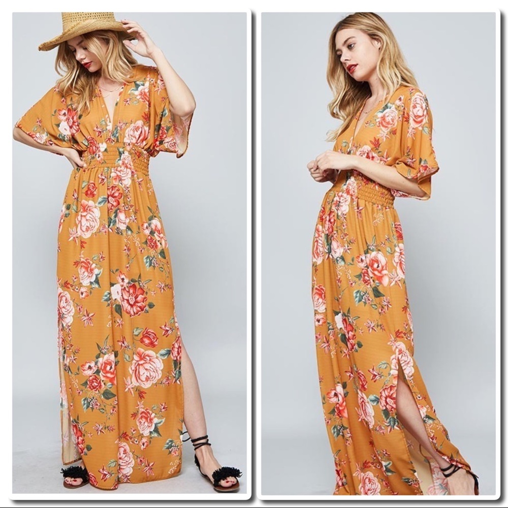Flower Print Maxi with Kimono Sleeves - Picture 2 of 8