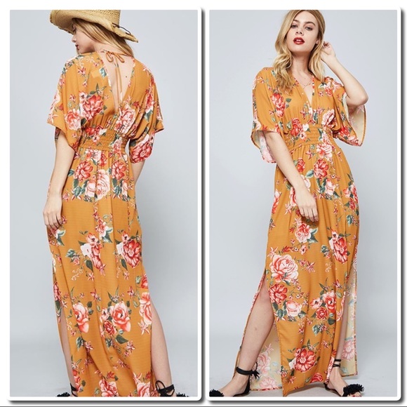Flower Print Maxi with Kimono Sleeves - Picture 3 of 8