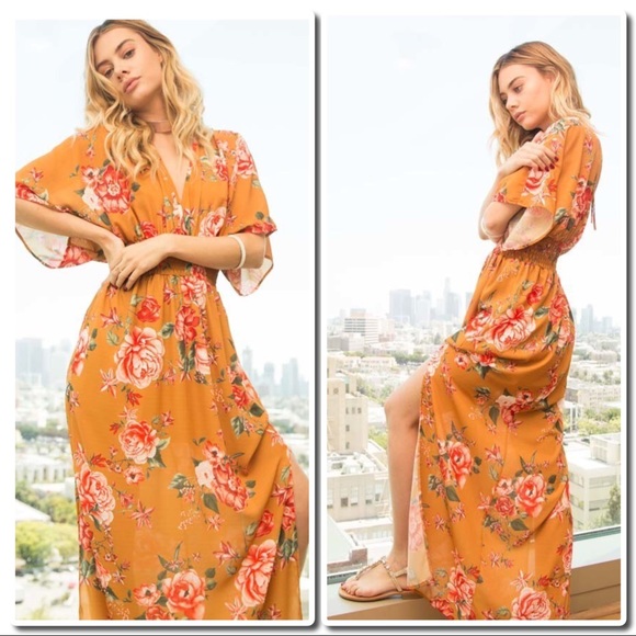 Flower Print Maxi with Kimono Sleeves - Picture 5 of 8
