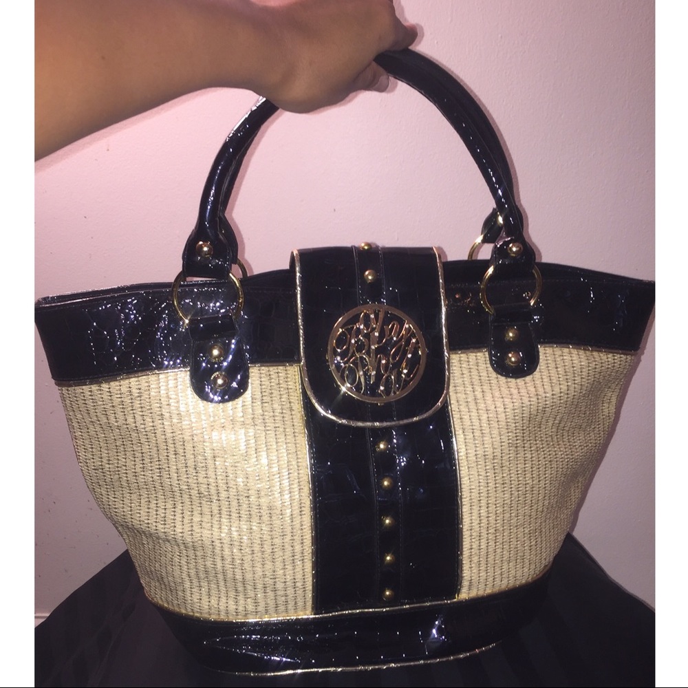 Faux Patent Leather/ Wicker Handbag