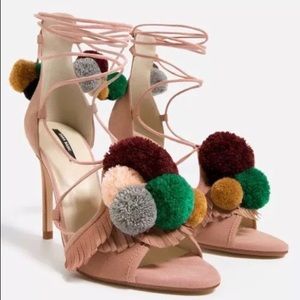 New Zara Suede Pom Pom sandals Sz 38