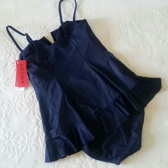 SPANX NAVY RUFFLE SWIM DRESS SHAPING SUIT - Picture 7 of 8