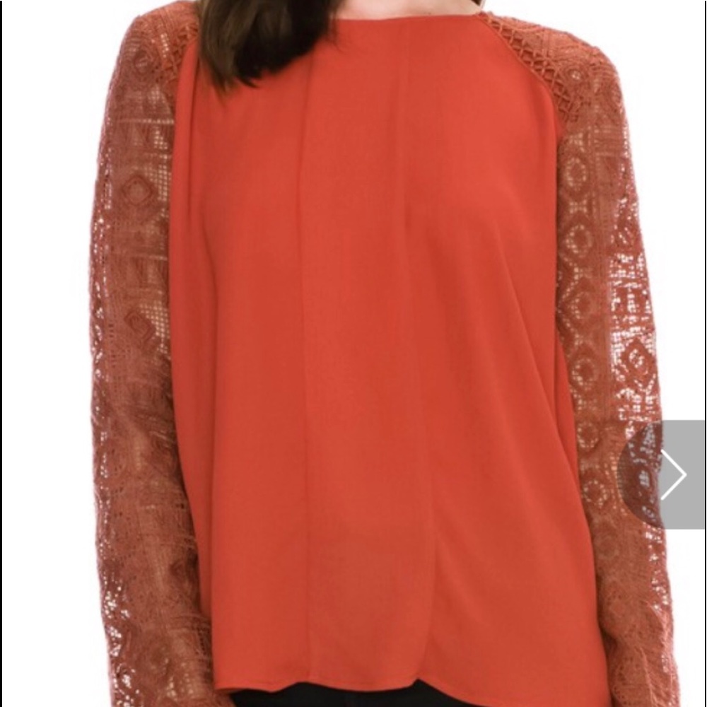 Rust blouse with crocheted sleeves