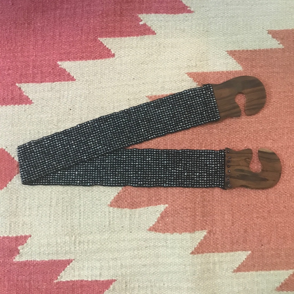 Anthropologie metallic bead belt with wooden clasp
