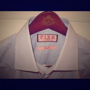 Thomas Pink Check Slim Fit Button Cuff 16 41cm