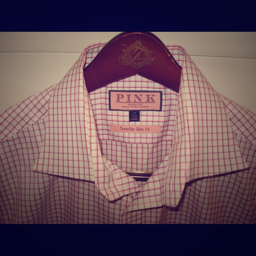 Thomas Pink Check Slim Fit Button Cuff 16 41cm