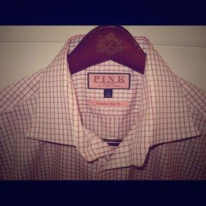 Thomas Pink Check Slim Fit Button Cuff 16 41cm