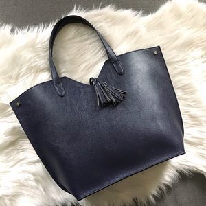 Neiman Marcus Navy Blue Faux Leather Tassel Tote