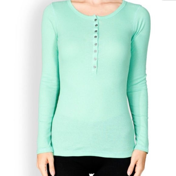 Tops Mint Green Long Sleeve Ribbed Henley Thermal Tee Poshmark