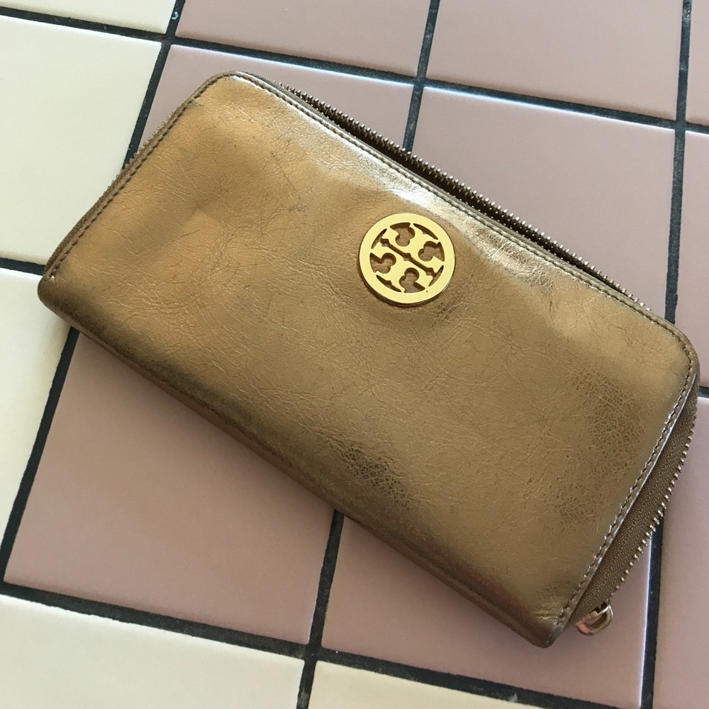 Women TORY BURCH  Metallic Gold ZIP AROUND WALLET