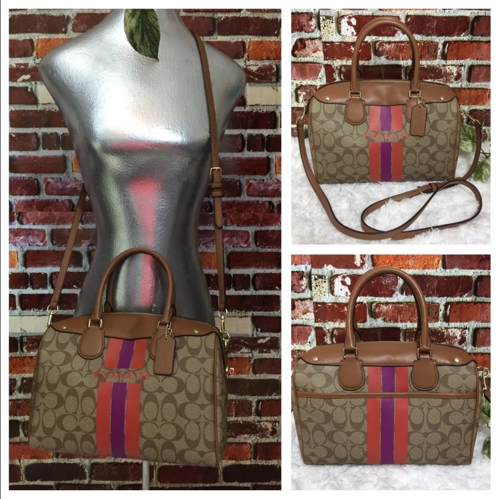 COACH VARSITY STRIPE BENNETT KHAKI SATCHEL BAG