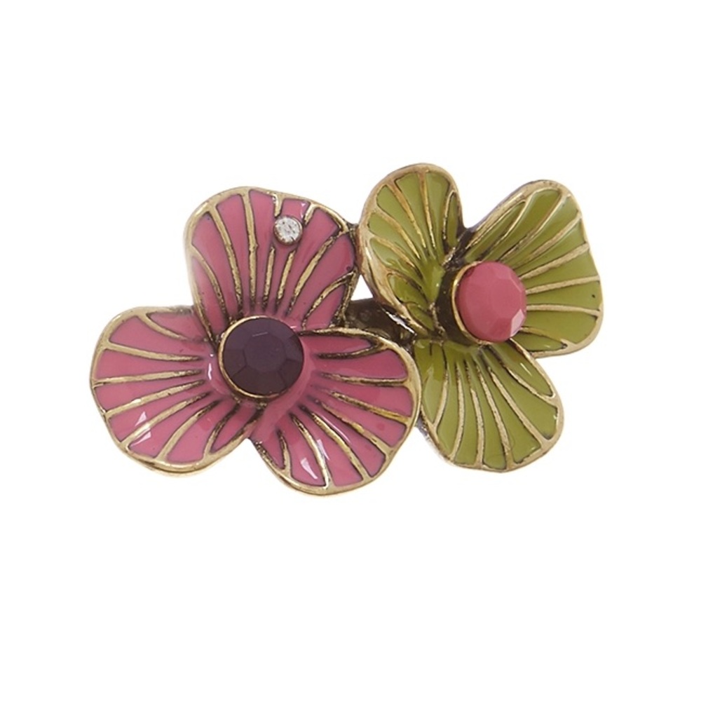 Lily Bloom Pink & Green Enamel Flower Ring