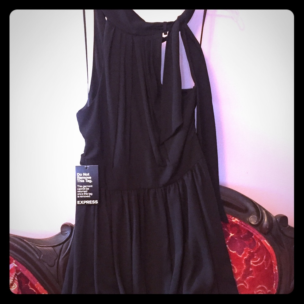 Black chiffon high neck tie express dress