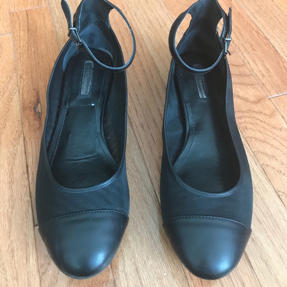 BCBG black flats w/ ankle strap, mesh detail.