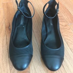 BCBG black flats w/ ankle strap, mesh detail.