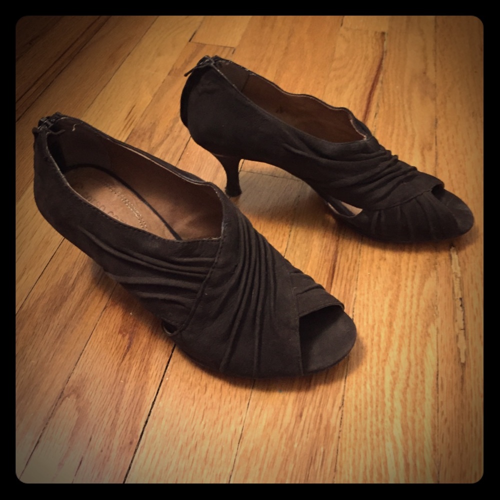 brown suede peep heels