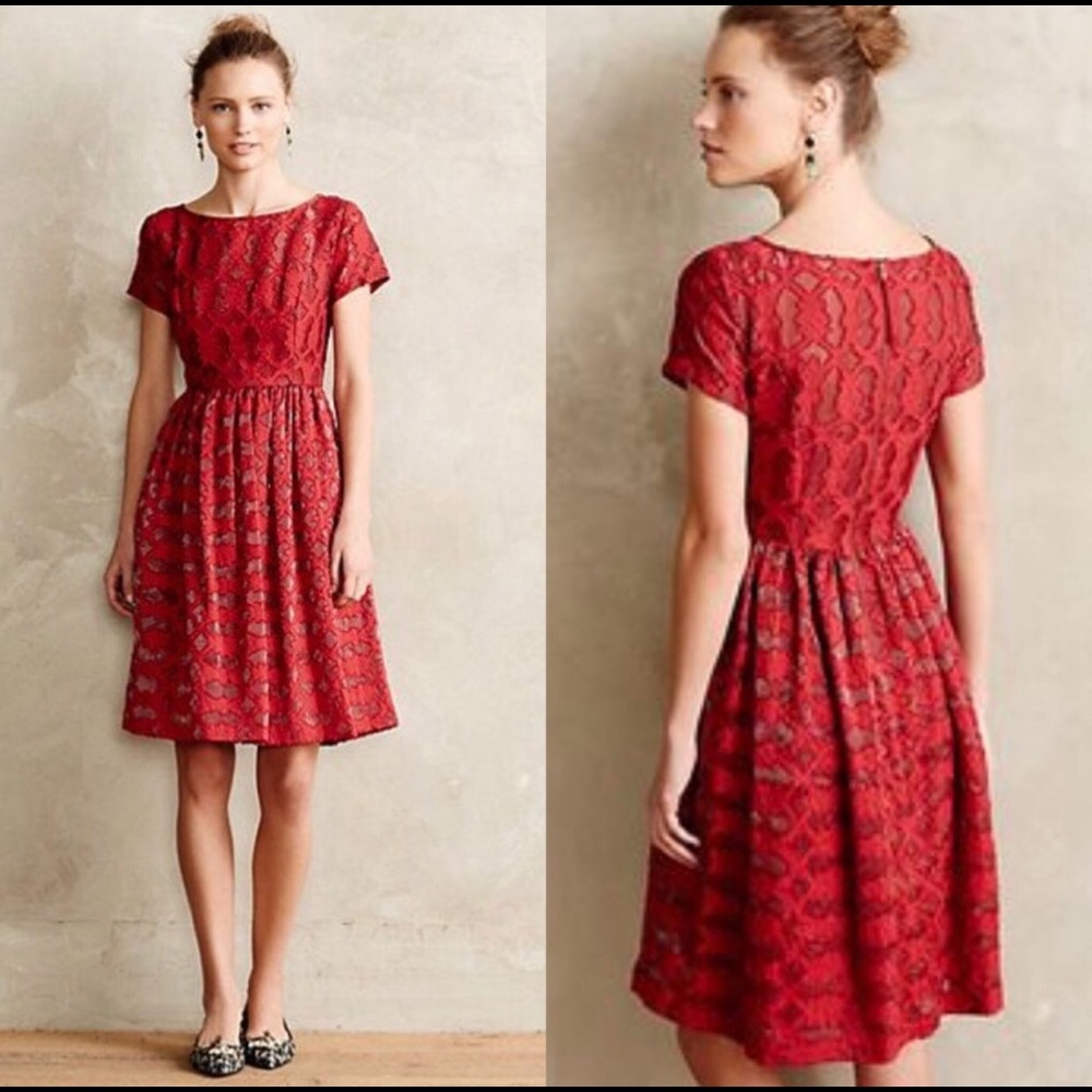 ANTHROPOLOGIE MOULINETTE SOEURS RED LACE DRESS