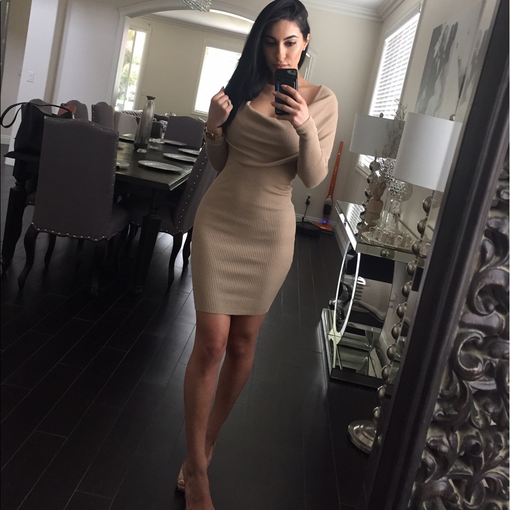 Beige off the shoulder knit dress