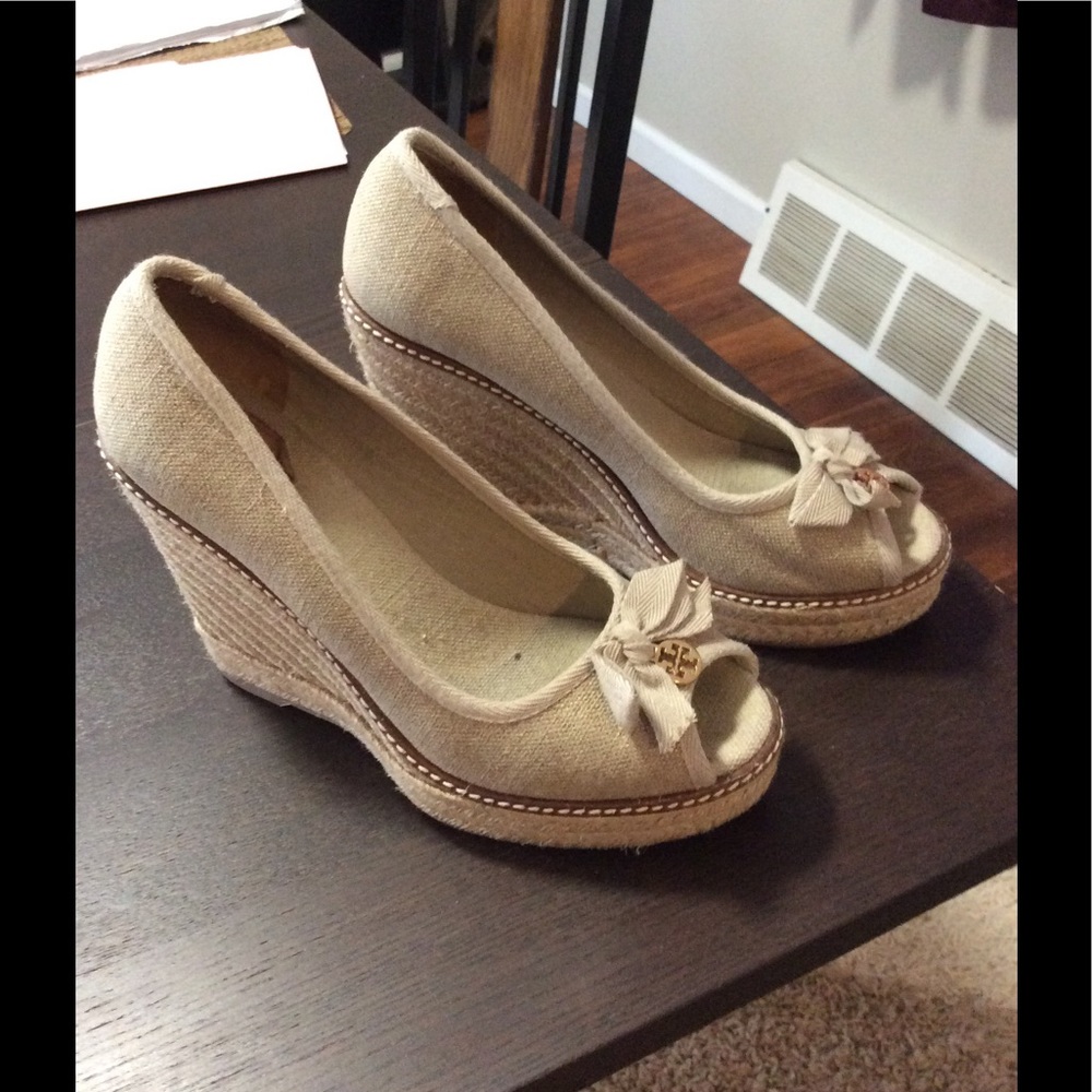 Tory Burch peep toe canvass heels