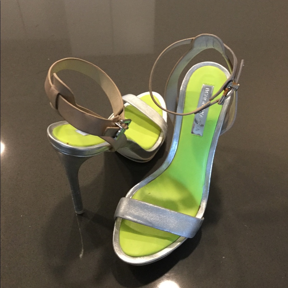 BCBG Silver and Tan heels Sz.8