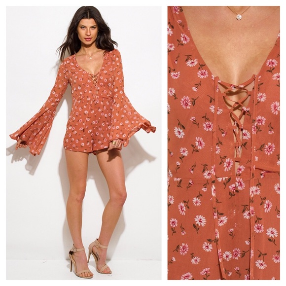 Dust Rose Floral Romper Bell Sleeve Lace Up S/M/L - Picture 2 of 4