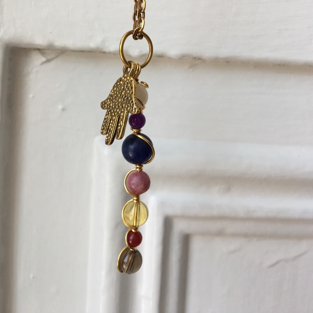 Long Gold Necklace W/Henna Hand Charm and Beads