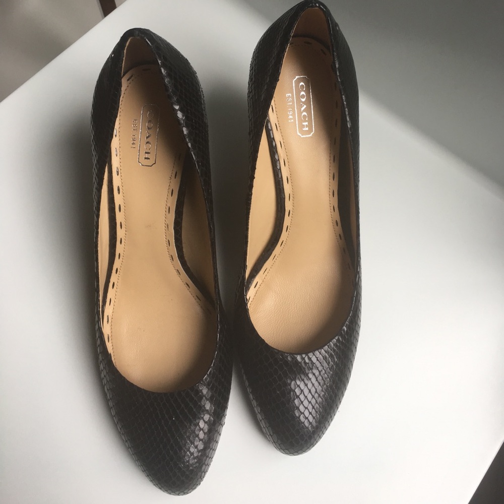 New Coach black snakeskin, wedge shoes.