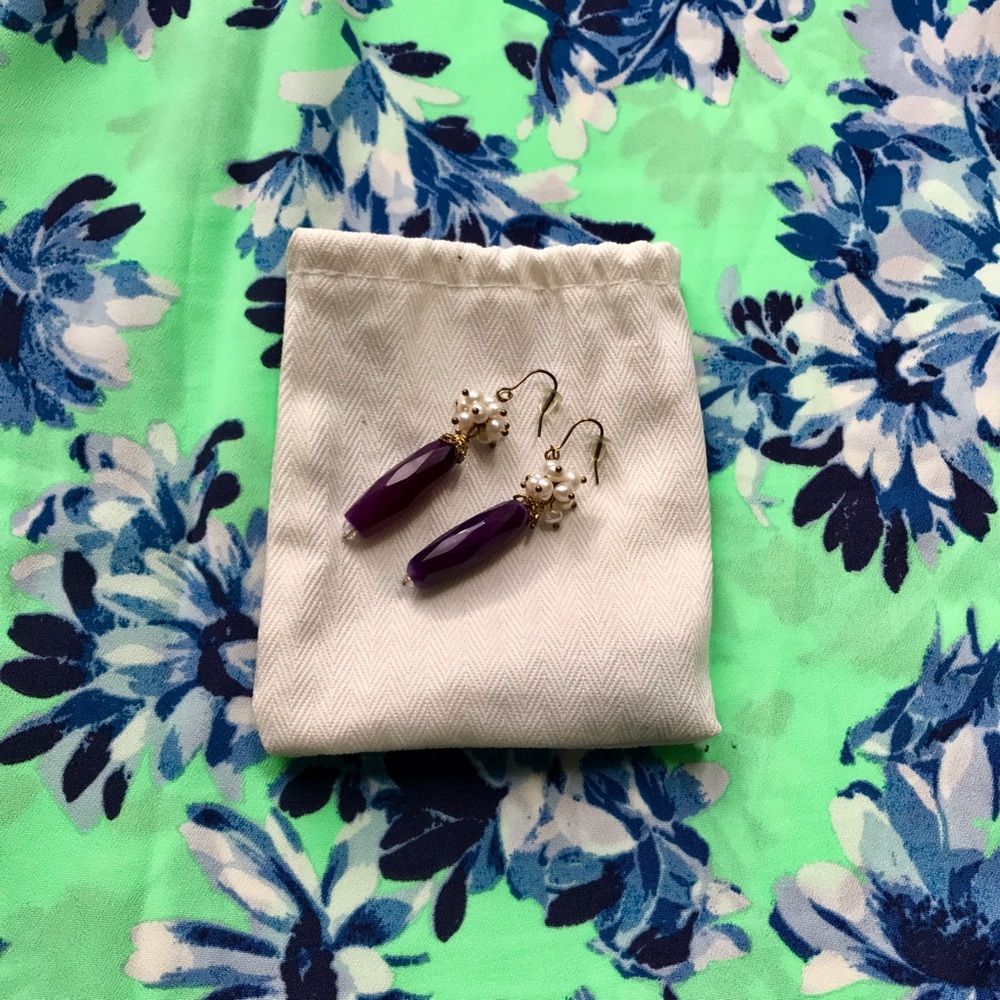 Pearl cluster eggplant drop earrings