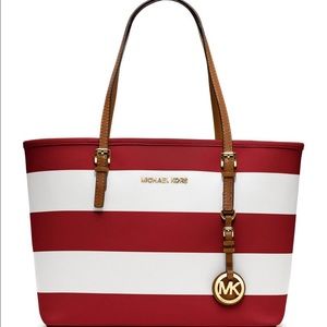 Red and white striped Michael Kohrs large purse