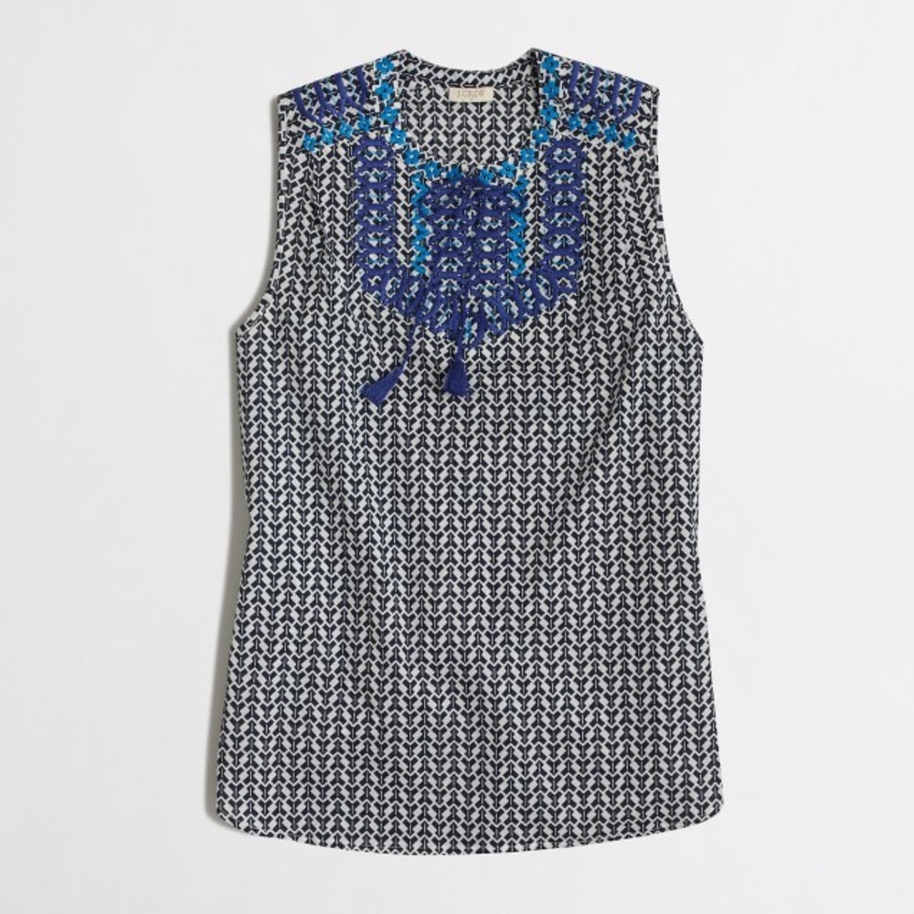 J. Crew Petite Printed Embroidered Tassel Top