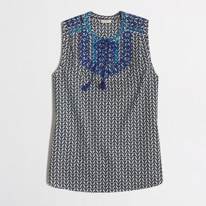 J. Crew Petite Printed Embroidered Tassel Top