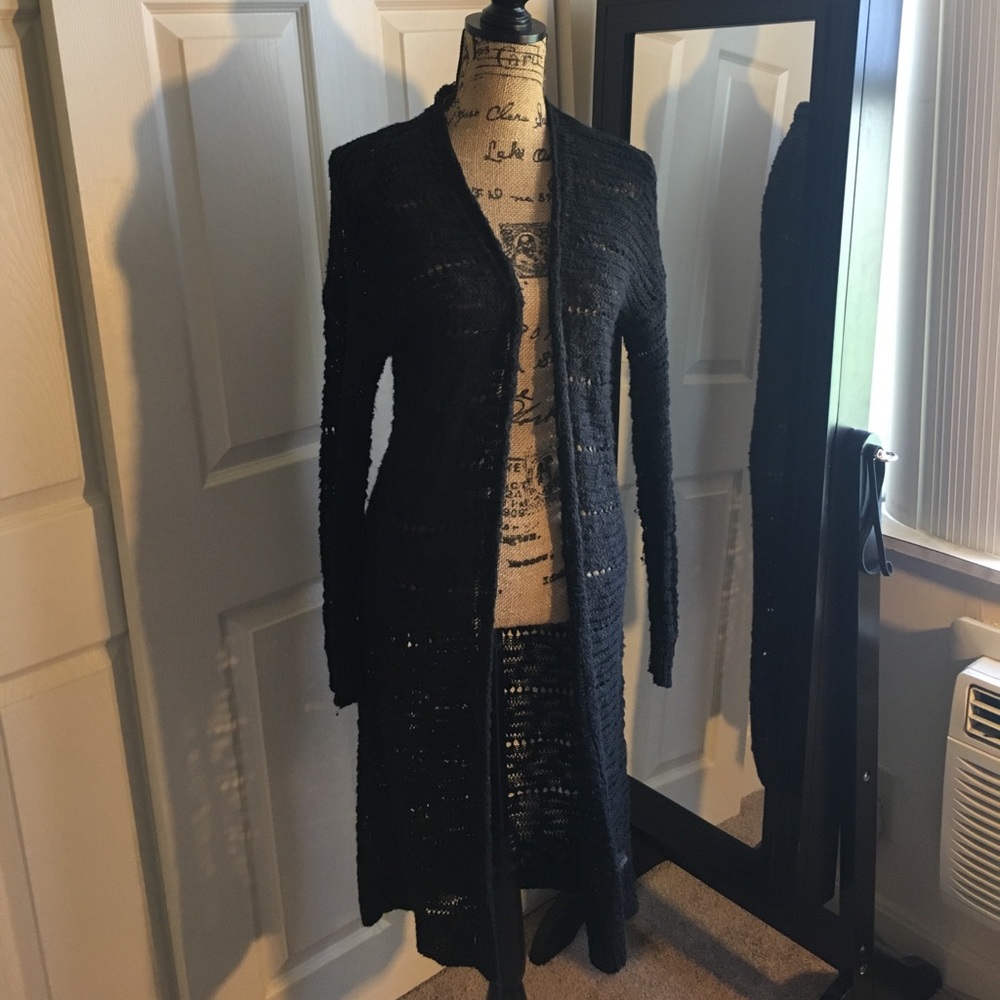 Women's long open knit black sweater