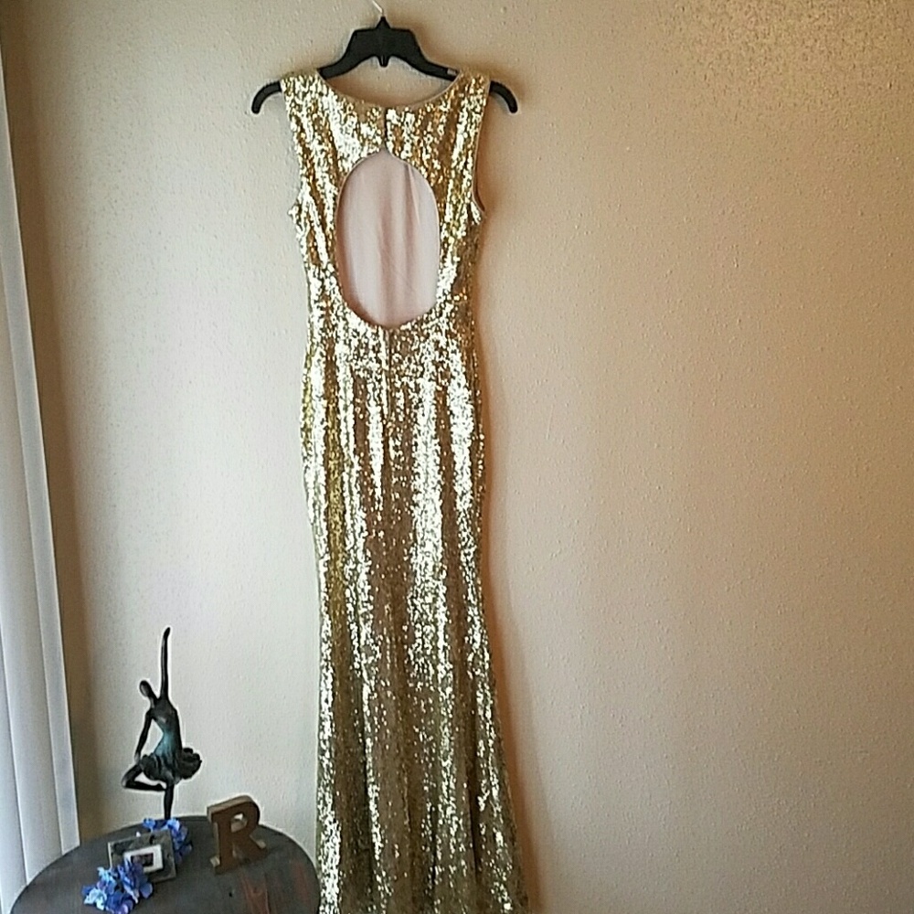 Luxe form fitting sequin gown with opened back
