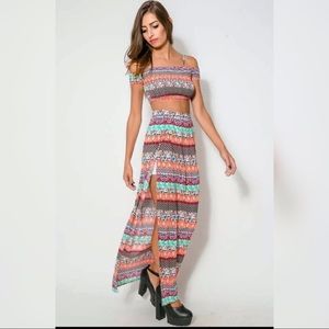 Two piece long slit off the shoulder maxi dress