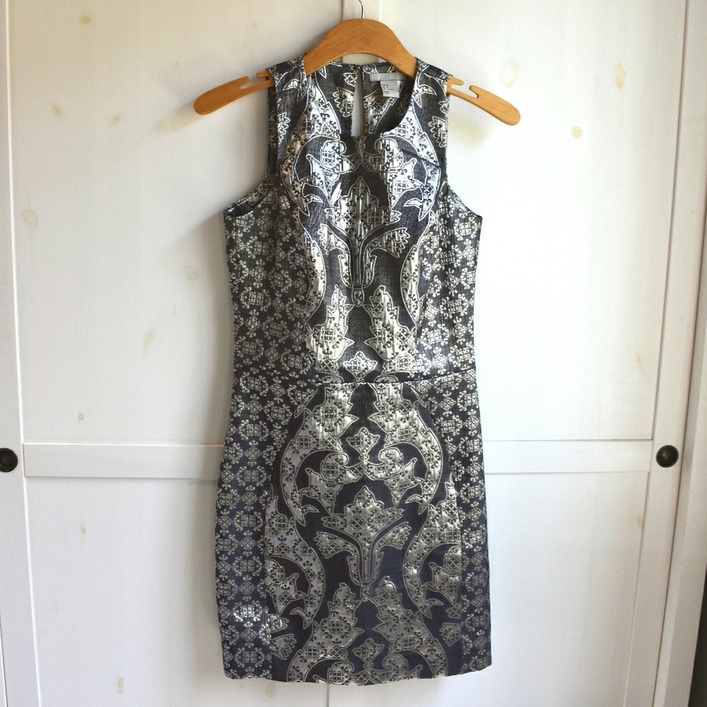 H&M Metallic Gray Sleeveless Keyhole Sheath Dress