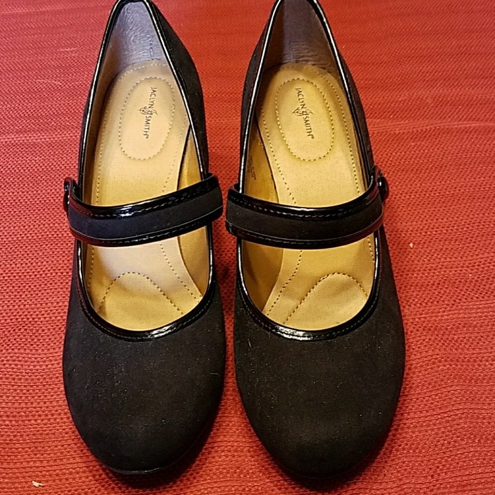 Faux suede heels with accent strap