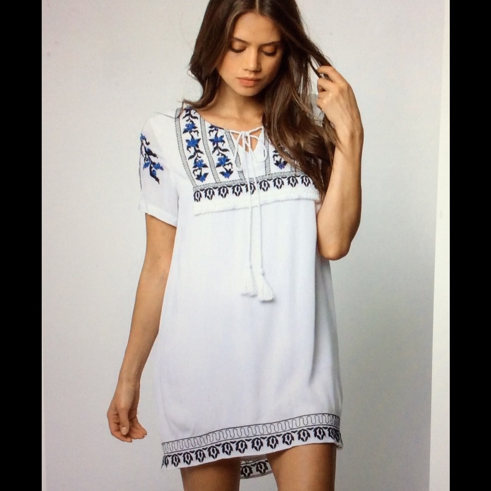 ✳️ White w/ Navy Embroidered Dress by Paper Crane