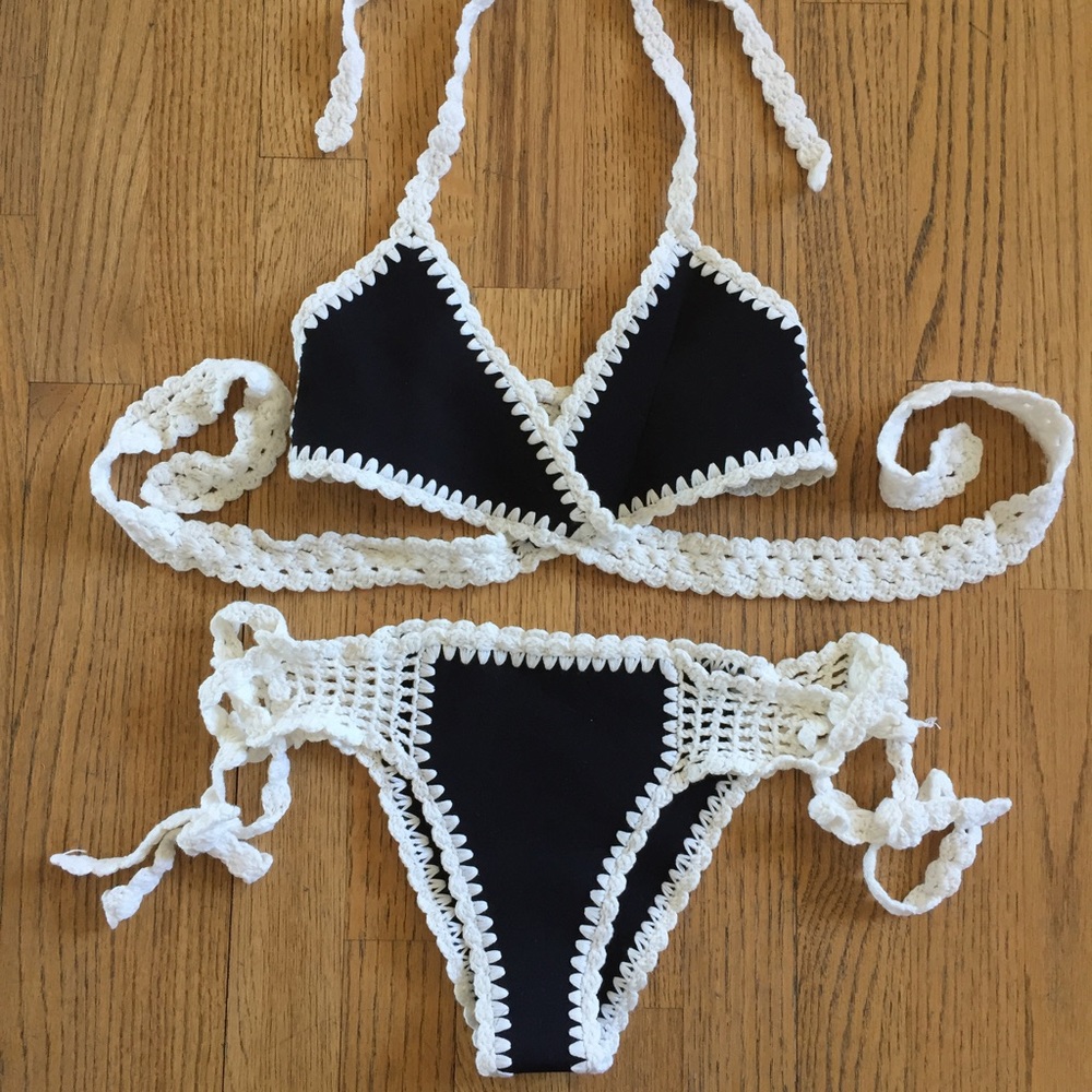 Brand new hand made black white crochet bikini S