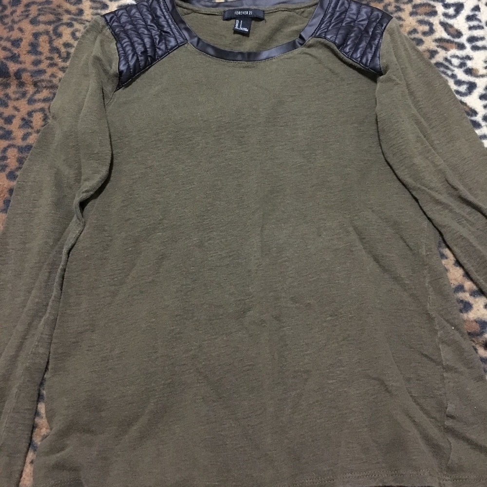 F21 green with black faux leather shoulder shirt